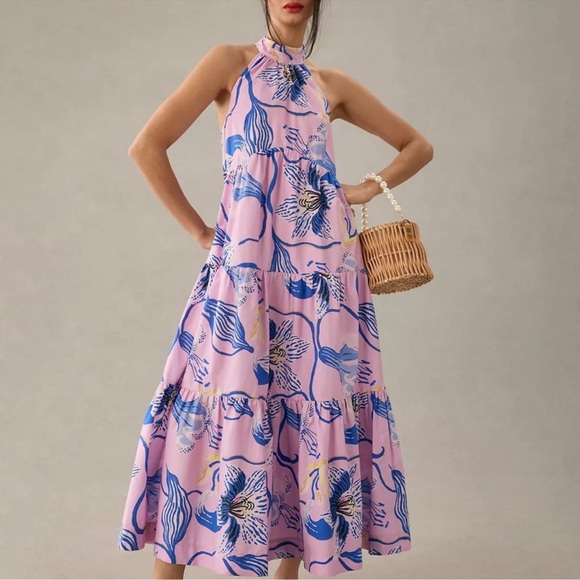 Anthro x Sarah Gordon tiered halter midi dress in lavender lilac blue floral - Picture 4 of 11